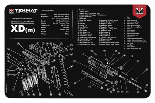 Picture of TekMat TEKR17XDM Springfield Armory XDm Cleaning Mat Black/White Rubber 11"x17" Springfield Armory XDm Parts Diagram TEKR17XDM 17-XDM