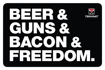 Picture of TekMat Original Mat, Beer & Guns & Bacon & Freedom, Thermoplastic Surface Protects Gun From Scratching, 1/8" Thick, 11"x17", Tube Packaging, Black with White Lettering TEK-R17-BGBF TEKR17BGBF