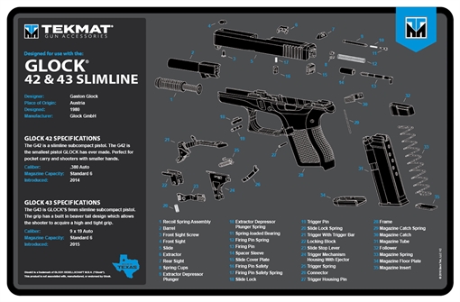 Picture of TekMat Glock 42/43 Cleaning Mat Black/Blue/White Rubber 11"x17" Glock 42/43 Parts Diagram TEKR17GLOCK4243BL