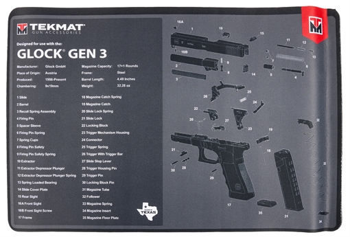 Picture of TekMat Original Mat, Glock Gen 3, Cleaning Mat, Thermoplastic Surface Protects Gun From Scratching, 1/8" Thick, 11"x17", Tube Packaging, Black TEK-R17-GLOCK-G3 TEKR17GLOCKG3