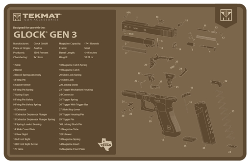 Picture of TekMat Glock Gen 3 Cleaning Mat Flat Dark Earth Rubber 11"x17" Glock Gen 3 Parts Diagram TEKR17GLOCKG3FDE