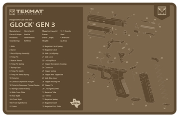Picture of TekMat Glock Gen 3 Cleaning Mat Flat Dark Earth Rubber 11"x17" Glock Gen 3 Parts Diagram TEKR17GLOCKG3FDE