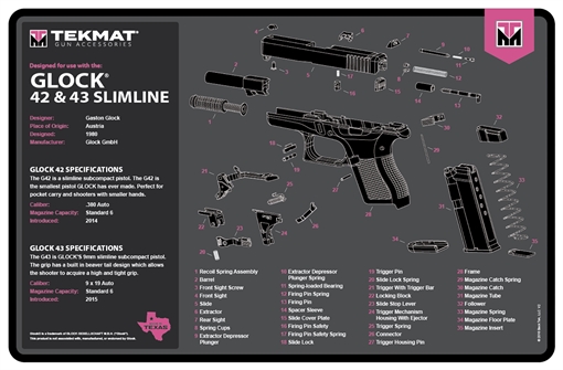 Picture of TekMat Glock Gen 3 Cleaning Mat Pink Rubber 11"x17" Glock Gen 3 Parts Diagram TEKR17GLOCKG3PNK