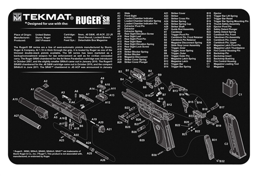 Picture of TekMat Ruger SR 9 Cleaning Mat Black/White Rubber 11"x17" Ruger SR9 Parts Diagram TEKR17RUGERSR9
