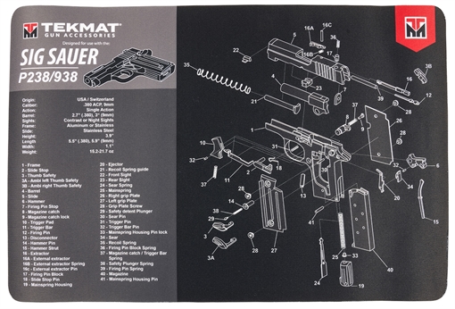 Picture of TekMat Sig Sauer P238 Cleaning Mat Black/Gray Rubber 11"x17" Sig P238 Parts Diagram TEKR17SIGP238