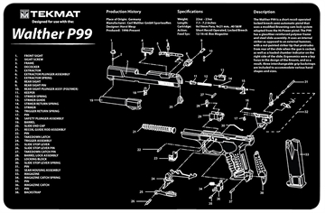Picture of TekMat Walther P99 Cleaning Mat Black/White Rubber 11"x17" Walther P99 Parts Diagram TEKR17WALP99