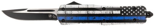 Picture of Templar Knife Gen II Back The Blue Large 3.50" OTF Drop Point Plain Black Oxide Stonewashed 440C SS Blade, 5.25" Black & White w/Blue Line Aluminum Handle, Glass Breaker LBTB331