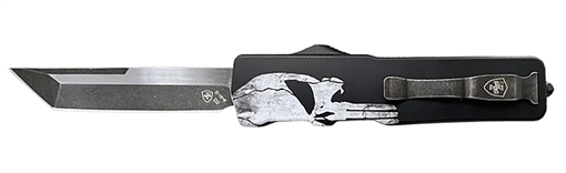 Picture of Templar Knife  Excalibur Fallen Small 3" OTF Tanto Plain Black Oxide Stonewashed Powder Coated D2 Steel Blade, 4.50" Black w/Skull Aluminum Handle 093674827394