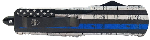 Picture of Templar Knife  Gen II Back The Blue Large 3.50" OTF Tanto Part Serrated Black Oxide Stonewashed 440C SS Blade, 5.50" B&W US Flag w/Blue Line Aluminum Handle, Glass Breaker 093674801301