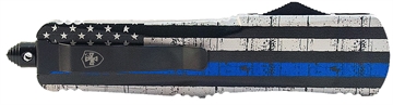 Picture of Templar Knife  Gen II Back The Blue Large 3.50" OTF Tanto Part Serrated Black Oxide Stonewashed 440C SS Blade, 5.50" B&W US Flag w/Blue Line Aluminum Handle, Glass Breaker 093674801301