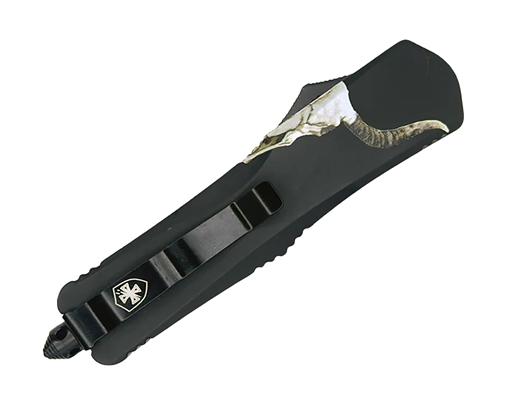 Picture of Templar Knife  Gen II Badlands Slim 3.43" OTF Tanto Plain Black Oxide Stonewashed 440C SS Blade, 5.05" Black w/Cattle Skull Aluminum Handle, Glass Breaker 093674827820