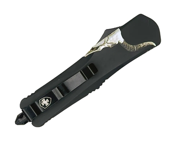 Picture of Templar Knife  Gen II Badlands Slim 3.43" OTF Tanto Plain Black Oxide Stonewashed 440C SS Blade, 5.05" Black w/Cattle Skull Aluminum Handle, Glass Breaker 093674827820