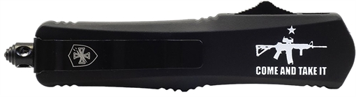 Picture of Templar Knife  Gen II Come And Take It Large 3.50" OTF Drop Point Part Serrated Black Oxide Stonewashed 440C SS Blade, 5.50" Black "Come And Take It" w/Cannon Aluminum Handle, Glass Breaker 093674811270