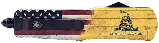 Picture of Templar Knife  Gen II Don't Tread On Me Small 2.75" OTF Drop Point Black Oxide Stonewashed 440C SS Blade, 4.25" Yellow w/Flag & "Don't Tread On Me" Aluminum Handle, Glass Breaker 093674810136