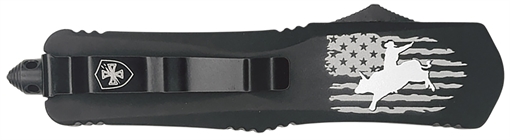 Picture of Templar Knife  Gen II Eight Seconds Slim 3.43" OTF Tanto Plain Black Oxide Stonewashed 440C SS Blade, 5.05" Black w/US Flag, Bull Rider Aluminum Handle, Glass Breaker 093674829022