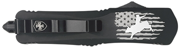 Picture of Templar Knife  Gen II Eight Seconds Slim 3.43" OTF Tanto Plain Black Oxide Stonewashed 440C SS Blade, 5.05" Black w/US Flag, Bull Rider Aluminum Handle, Glass Breaker 093674829022