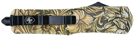 Picture of Templar Knife  Gen II Saddle Slim 3.43" OTF Tanto Plain Black Oxide Stonewashed 440C SS Blade, 5.05" Tan Aluminum Handle, Glass Breaker 093674828728