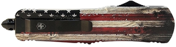 Picture of Templar Knife  Gen II Wood US Flag Small 2.75" OTF Dagger Plain Black Oxide Stonewashed 440C SS Blade, 4.25" Painted Wood Grain US Flag Aluminum Handle, Glass Breaker 093674807563