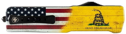 Picture of Templar Knife  Premium LW Don't Tread On Me Small 3" OTF Drop Point Plain Black Oxide Stonewashed Powder Coated D2 Steel Blade, 4.50" Yellow w/Flag & "Don't Tread On Me" Aluminum Handle 093674819801