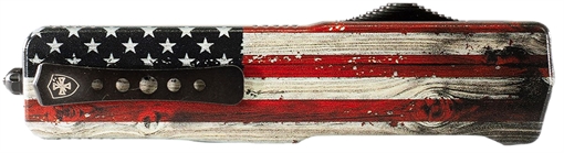 Picture of Templar Knife  Premium Weighted Wood US Flag Slim 3" OTF Tanto Plain Black Oxide Stonewashed Powder Coated D2 Steel Blade, 4.50" Painted Wood Grain US Flag Aluminum Handle 093674817753