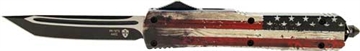 Picture of Templar Knife Gen II Wood US Flag Slim 3.43" OTF Tanto Plain Black Oxide Stonewashed 440C SS Blade, 5.05" Painted Wood Grain US Flag Aluminum Handle, Glass Breaker MWUS231
