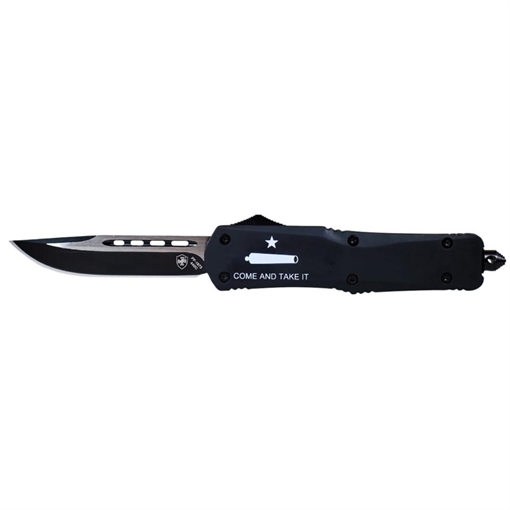 Picture of Templar Knife Gen II Come And Take It Large 3.50" OTF Drop Point Plain Black Oxide Stonewashed 440C SS Blade, 5.25" Black "Come And Take It" Aluminum Handle, Glass Breaker LCATI331