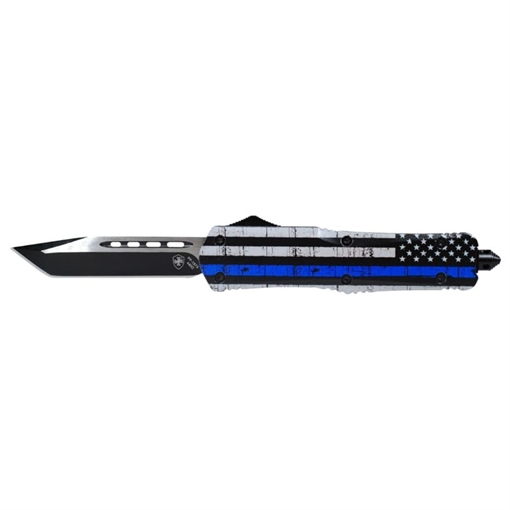 Picture of Templar Knife Gen II Back The Blue Large 3.50" OTF Tanto Plain Black Oxide Stonewashed 440C SS Blade, 5.25" Black & White w/Blue Line Aluminum Handle, Glass Breaker LBTB231