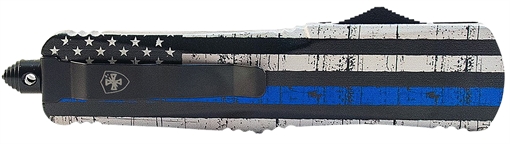 Picture of Templar Knife Gen II Back The Blue Large 3.50" OTF Dagger Plain Black Oxide Stonewashed 440C SS Blade, 5.25" Black & White w/Blue Line Aluminum Handle, Glass Breaker LBTB131