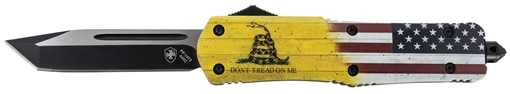Picture of Templar Knife Gen II Don't Tread On Me Large 3.50" OTF Tanto Plain Black Oxide Stonewashed 440C SS Blade, 5.25" Yellow w/Flag & "Don't Tread On Me" Aluminum Handle, Glass Breaker LDTOM231