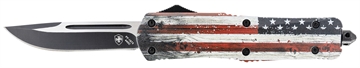 Picture of Templar Knife Gen II Wood US Flag Large 3.50" OTF Drop Point Plain Black Oxide Stonewashed 440C SS Blade, 5.25" Painted Wood Grain US Flag Aluminum Handle, Glass Breaker LWUS331