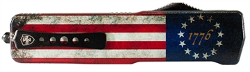 Picture of Templar Knife Premium Weighted Betsy Ross Flag Large 3.55" OTF Drop Point Plain Black Oxide Stonewashed D2 Steel Blade, 5.25" Betsy Ross Flag Aluminum Zinc Alloy Handle LZBRF321