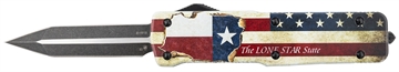 Picture of Templar Knife Premium Weighted Texan Large 3.55" OTF Dagger Plain Black Oxide Stonewashed D2 Steel Blade, 5.25" Red/White/Blue w/"The LONE STAR State" Aluminum Zinc Alloy Handle LZTX121