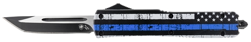 Picture of Templar Knife Gen II Back The Blue Slim 3.43" OTF Tanto Plain Black Oxide Stonewashed 440C SS Blade, 5.05" 4.31" Black & White w/Blue Line Aluminum Handle, Glass Breaker MBTB231