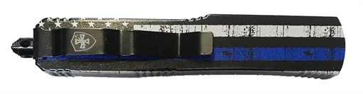 Picture of Templar Knife Gen II Back The Blue Slim 3.43" OTF Drop Point Plain Black Oxide Stonewashed 440C SS Blade, 5.05" Black & White w/Blue Line Aluminum Handle, Glass Breaker MBTB331