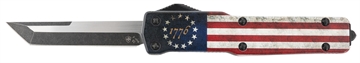 Picture of Templar Knife Premium Weighted Betsy Ross Flag Slim 3.16" OTF Tanto Plain Black Oxide Stonewashed D2 Steel Blade, 4.93" Betsy Ross Flag Aluminum Zinc Alloy Handle MZBRF221