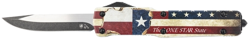 Picture of Templar Knife Premium Weighted Texan Slim 3.16" OTF Drop Point Plain Black Oxide Stonewashed D2 Steel Blade, 4.93" Red/White/Blue w/"The LONE STAR State" Aluminum Zinc Alloy Handle MZTX321