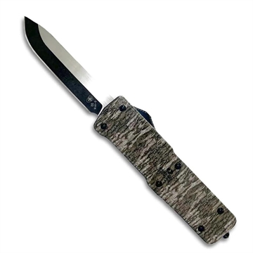 Picture of Templar Knife Premium Weighted Large 3.55" OTF Drop Point Plain Black Oxide Stonewashed D2 Steel Blade, 5.25" Mossy Oak Bottomland Aluminum Zinc Alloy Handle LZMOB321