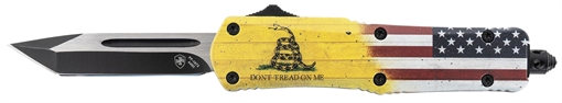 Picture of Templar Knife Gen II Don't Tread On Me Small 2.69" OTF Plain Black Oxide 440C SS Blade, 4.25" Yellow w/Flag & "Don't Tread On Me" Aluminum Handle, Glass Breaker S-DTOM-23-1