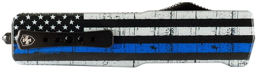 Picture of Templar Knife Premium LW We Back You Small 3" OTF Drop Point Plain Black Oxide Stonewashed D2 Steel Blade, 4.50" Black & White w/Blue Line Aluminum Handle 1 SABTB32