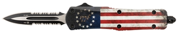 Picture of Templar Knife Gen II Betsy Ross Flag Small 2.75" OTF Dagger Part Serrated 440C SS Blade, 4.25" Betsy Ross Flag Aluminum Handle, Glass Breaker SBRF431