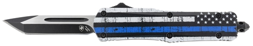 Picture of Templar Knife Gen II Back The Blue Small 2.69" OTF Tanto Plain Black Oxide Stonewashed 440C SS Blade, 4.31" Black & White w/Blue Line Aluminum Handle, Glass Breaker SBTB231
