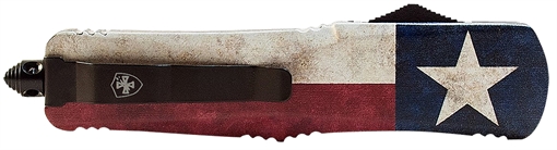 Picture of Templar Knife Gen II Captain Small 2.69" OTF Drop Point Plain Black Oxide Stonewashed 440C SS Blade, 4.31" Red/White/Blue w/Star Aluminum Handle Glass Breaker SCAP331