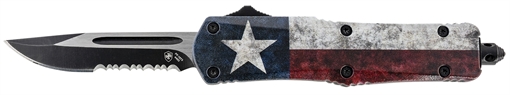 Picture of Templar Knife Gen II Captain Small 2.69" OTF Drop Point Part Serrated Black Oxide Stonewashed 440C SS Blade, 4.31" Red/White/Blue w/Star Aluminum Handle Glass Breaker SCAP631