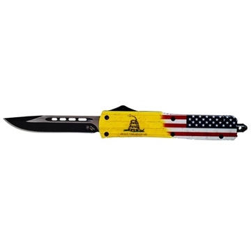 Picture of Templar Knife Gen II Don't Tread On Me Slim 3.50" OTF Drop Point Plain Black Oxide Stonewashed 440C SS Blade, 5.05" Yellow w/Flag & "Don't Tread On Me" Aluminum Handle, Glass Breaker MDTOM331