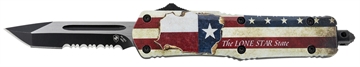 Picture of Templar Knife Gen II Texan Small 2.25" OTF Tanto Part Serrated Black Oxide Stonewashed 440C SS Blade, 4.31" Texas Flag Aluminum Handle, Glass Breaker STX531
