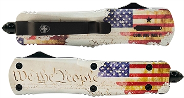 Picture of Templar Knife Gen II We The People Small 2.69" OTF Dagger Plain Black Oxide Stonewashed 440C SS Blade, 4.31" White w/Flag & "We The People" Aluminum Handle, Glass Breaker SWTP131