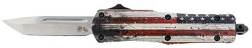 Picture of Templar Knife Gen II Wood US Flag Small 2.69" OTF Tanto Plain Powder Coated 440C SS Blade, 4.31" Painted Wood Grain US Flag Aluminum Handle, Glass Breaker SWUS232
