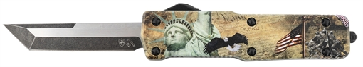 Picture of Templar Knife Premium Weighted Liberty Small 3" OTF Tanto Plain Black Oxide Stonewashed D2 Steel Blade, 4.50" Gold w/Statue of Liberty/Flag/Eagle Aluminum Zinc Alloy Handle SZLIB221
