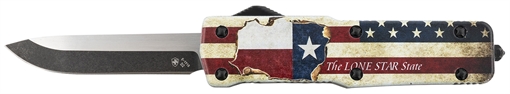 Picture of Templar Knife Premium Weighted Texan Small 3" OTF Drop Point Plain Black Oxide Stonewashed D2 Steel Blade, 4.50" Red/White/Blue w/"The LONE STAR State" Aluminum Zinc Alloy Handle SZTX321
