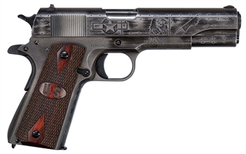 Picture of Thompson 1911 Victory Girls 45 ACP 5" 7+1 Worn Black/Gray Cerakote Steel Checkered Wood w/US Logo Grip 1911BKOWC1